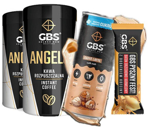 Zestaw startowy Kawa GBS rozpuszczalna Angelo 2x100g + Caffé Latte o smaku Lodów Krówkowych + Baton